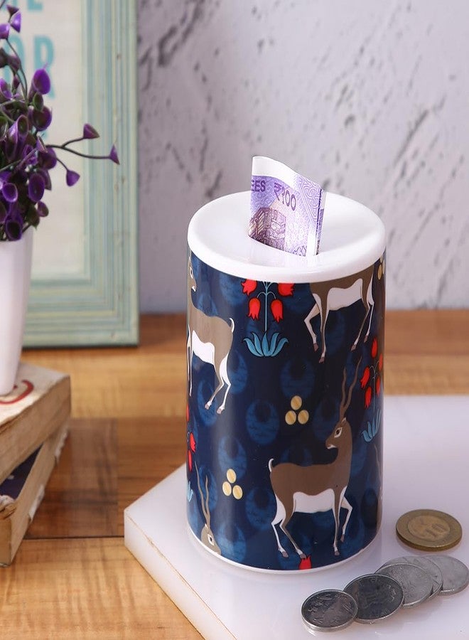 PentaDeco Dark Blue Floral Ceramic Money Box | 4-Inch Aesthetic Piggy Bank | Premium Home Decor Coin Bank for Kids & Adults - Image 1